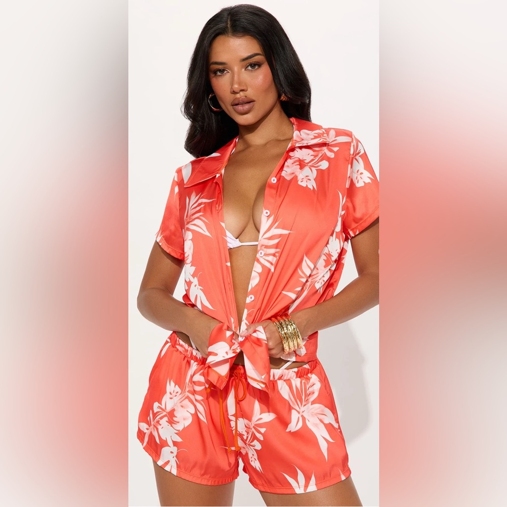 Fashion Nova Women's Floral Print Swim Cover-Up Set - Orange - Size XS🍊